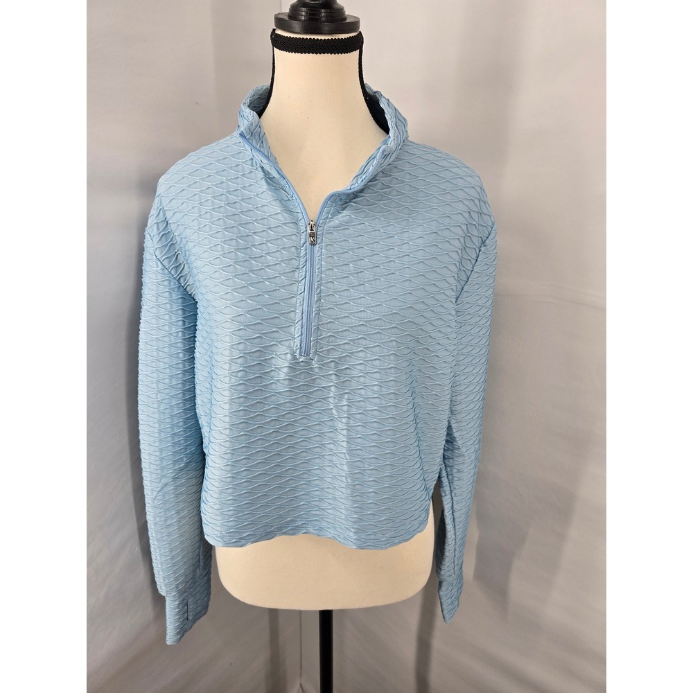 Buffbunny Collection Women 3XL Light Blue Textured Honeycomb QuarterZip Pullover